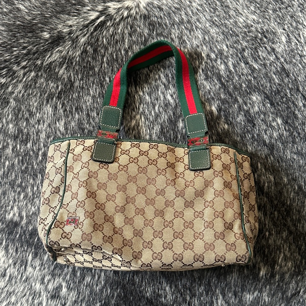 Vintage GUCCI Canvas Web Sherry Line Tote Bag Beige Gold